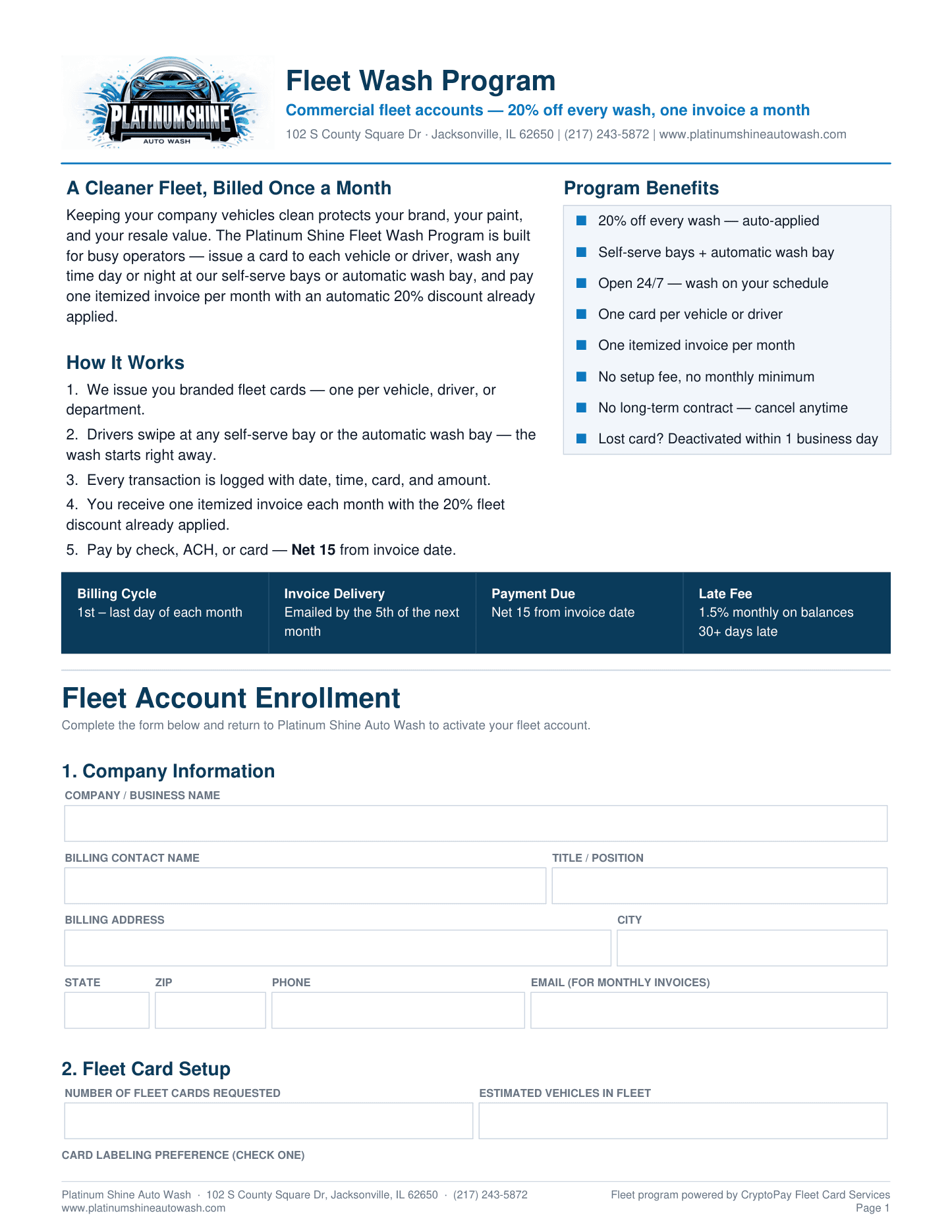 Preview of the Platinum Shine Auto Wash fleet account enrollment form